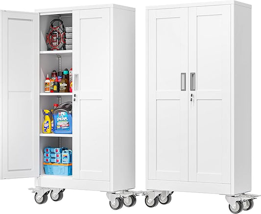 PAOFIN 61''H Metal Garage Storage Cabinet with Wheels,Steel File Cabinets with 2 Doors and 3 Adjustable Shelves for Home Office, Warehouse, Required Assembly,White