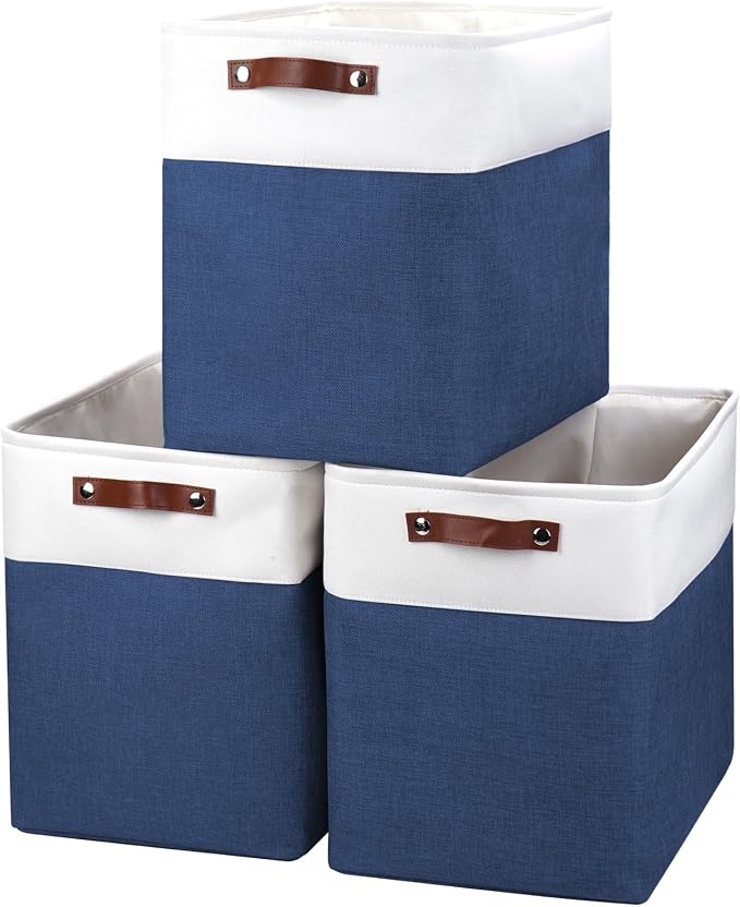 Bagnizer Large Fabric Storage Baskets | 50L Storage Bins, Decorative Linen Closet Baskets with Handles for Organizing, Shelf, Toys, Clothes, Home, Office, Nursery, 17x12x15Inches (Navyblue&White)