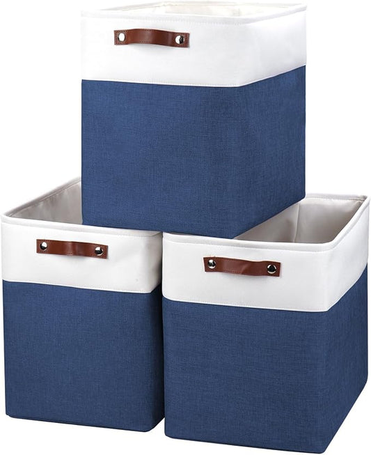 Bagnizer Large Fabric Storage Baskets | 50L Storage Bins, Decorative Linen Closet Baskets with Handles for Organizing, Shelf, Toys, Clothes, Home, Office, Nursery, 17x12x15Inches (Navyblue&White)