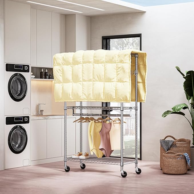 M MZG Heavy Duty Rolling Garment Rack 3 Tiers Adjustable Wire Shelving Clothes Rack with 2 Rods and Side Hooks,Storage Closet Clothing Rack with Wheels Chrome 15.7" D x 29.5" W x 74.5" H