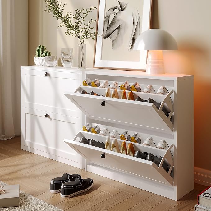 VOWNER Shoe Cabinet with 2 Flip Drawers, Freestanding Shoe Storage Cabinet with Adjustable Shelf & Anti-Tipping Device, Shoe Rack for Entryway, Hallway, Living Room (White)