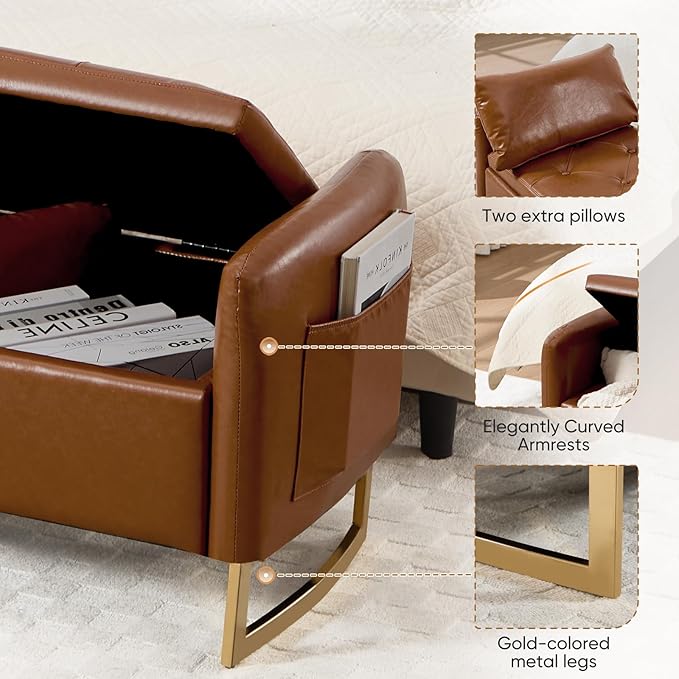 48" End of Bed Bench, Modern Storage Benches with Button-Tufted, Leather Upholstered Storage Ottoman Bench for Foot of Bed with Arms, Gold Legs Window and Entryway, Brown