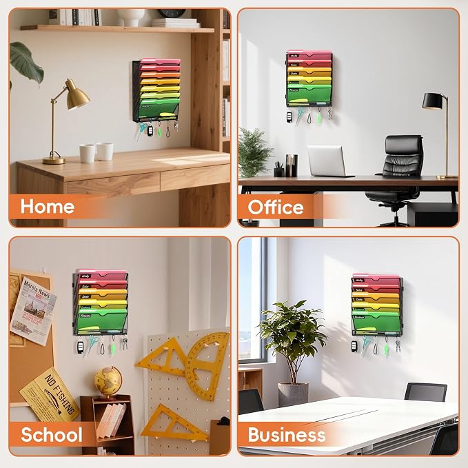 6-Tier Wall File Organizer with Hook, Hanging File Organizer Black | Wall-mounted mail storage holds papers, folders, files, clipboards and magazines, assembly required for office or home use.