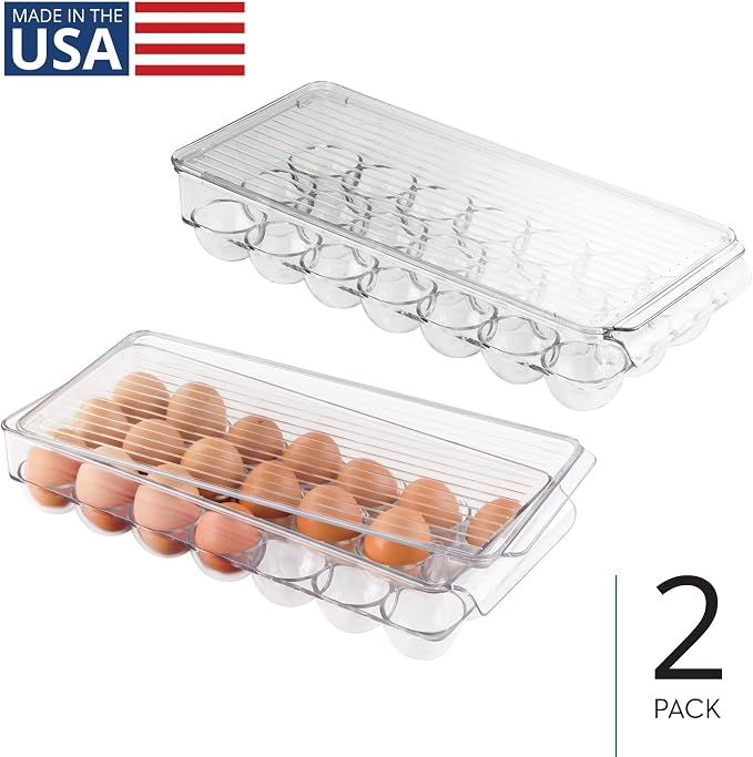 iDesign Clear Plastic Egg Holder for Fridge with Lid, 2-Pack | 21 Egg Storage Capacity, Container Organizer Bin