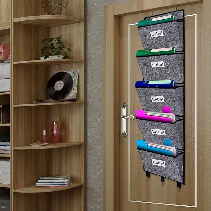Over the Door File Organizer Hanging File Folders, Wall Organizers and Storage for Mail, Magazine, Notebooks, Planners, Office, Classroom, 5 Extra Large Pockets (Black with Pattern)