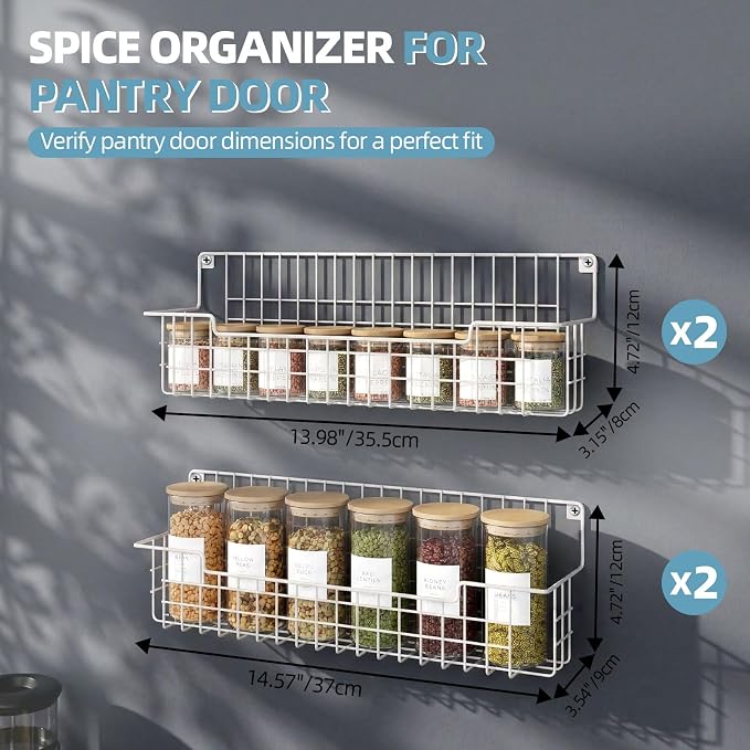 Spice Rack Wall Mount 4 Pack, Metal Wall Mounted Spice Rack Organizer for Cabinet Door & Pantry, Space-Saving Kitchen Spice Rack Shelf, White