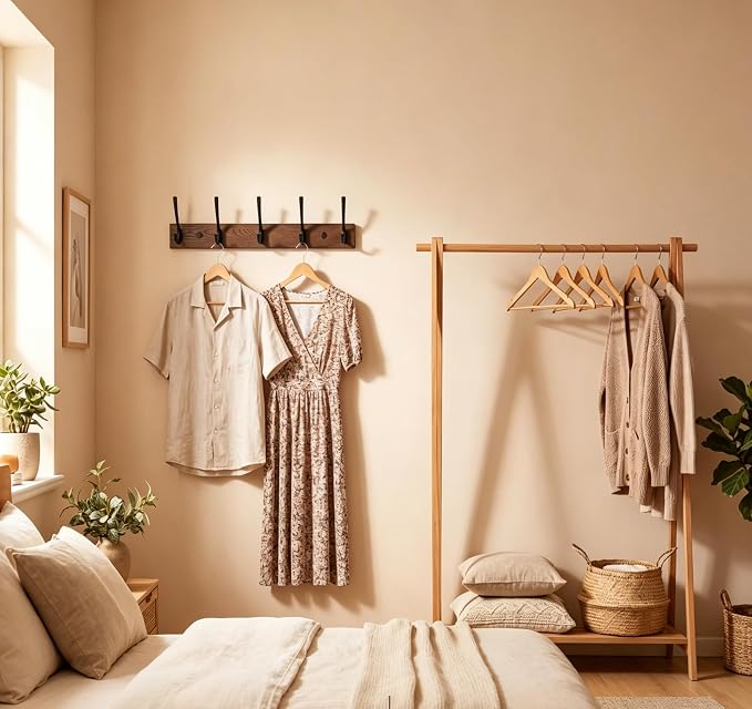 2Pack Wall Mounted Coat Rack with 5 Hooks, 15.8 Inch Wood Coat Hook | Rust-Resistant Metal Hooks, Heavy Duty Wall Hooks, Up To 45 Lb In Studs, Easy Install, For Entryway Bedroom Bathroom