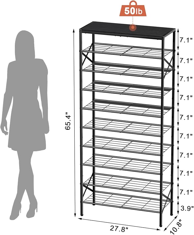 10 Tier Metal Shoe Rack with Wood Top, 30-40 Pairs Black | 65.4in tall for max capacity. 3 iron sheets secure heels. Removable shelf for boots. Top displays decor.
