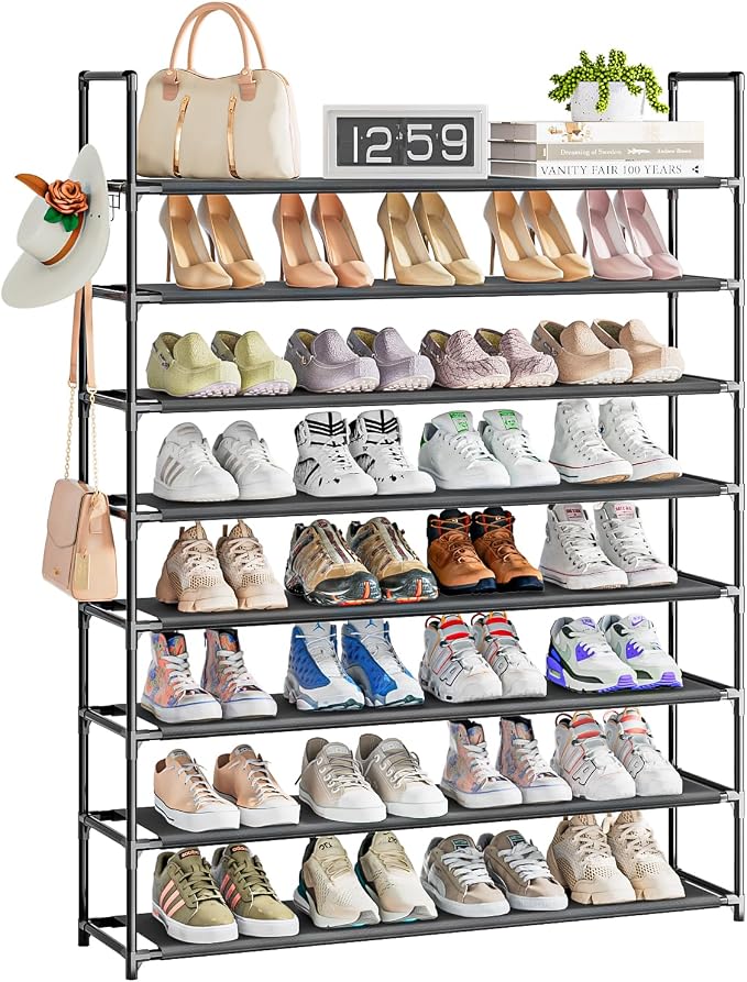 OYREL 8 Tier Shoe Organizer, 33.3in Wide x 11.2in Deep x 55.7in Tall, Black Metal and Plastic Shoe Rack, Holds up to 32-40 Pairs of Shoes | 32-40 Pairs, Closet, Entryway, Garage, Door Entrance, Large Storage Shoes Holder Stand, Sturdy Free Standing Boo...