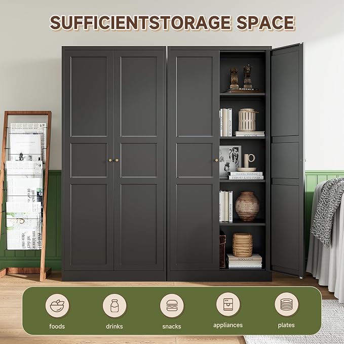 Letaya Black Storage Cabinet with Adjustable Shelves-Metal Home Kitchen Pantry Cabinets with Doors,Organization Locker for Cupboard/Bedroom/Dining/Living/Bathroom/Office/Garage Room