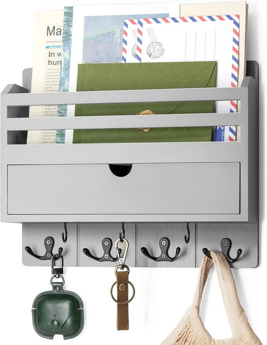 Rebee Vision Mail Organizer Wall Mount with 7 Key Hooks for Entryway, Gray | Key and Mail Holder for Wall, Drawer Organizer, Anchor Key Hanger, Mail Sorter, Apartment Essentials, Home Decor Aesthetic