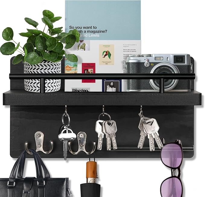 OurWarm Key Holder for Wall Decorative with 5 Key Hooks, Wall Mounted Key Hangers for Wall with Mail Key Rack, Wooden Mail Organizer with Shelf