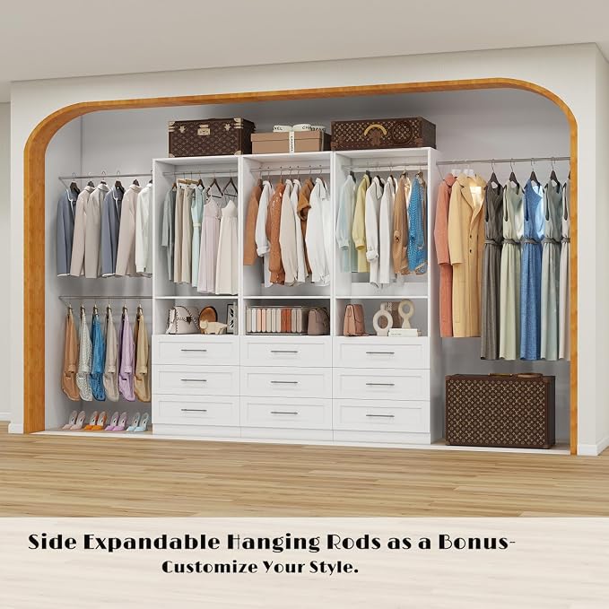 Dilando Closet System with 9 Drawers, 6FT-15FT Closet Organizer System Modular Custom Walk-in Closet Corner Small Freestanding Closets Storage Clothes Rack with 6 Hanging Rods White (6FT)