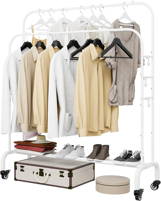 SUOERNUO Clothes Rack with Lockable Wheels Double Rods Metal Garment Racks | Portable Heavy-Duty Clothing Rack with Bottom, Rolling Clothes Shelves for Bedroom Laundry Living Room, White