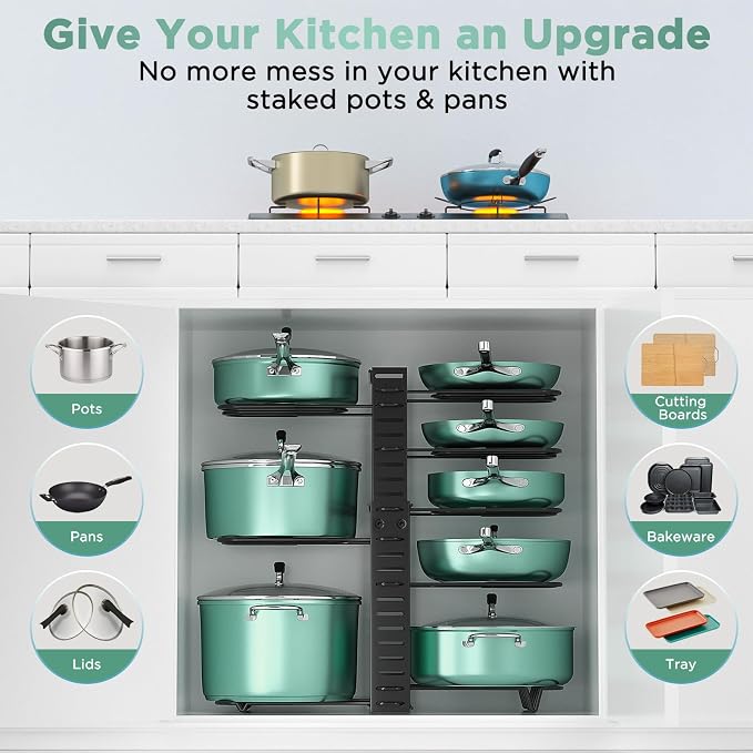 Pots and Pans Organizer Under Cabinet Expandable, 8-Tier Adjustable | Expandable 11.7–19", 3 DIY Modes, Tool-Free Assembly, Non-Slip, Fits Pots 6–11", For Kitchen Cabinets, Shelves & Countertops