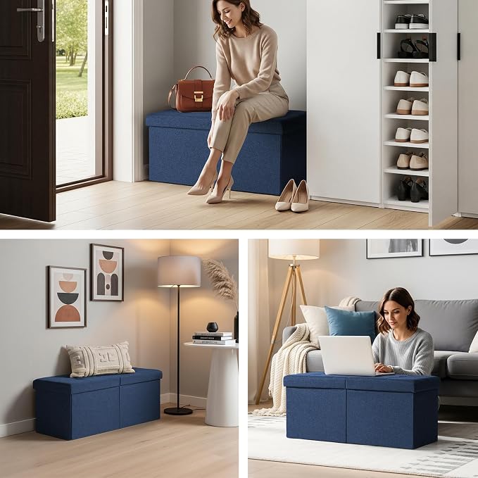 30-INCH Ottoman with Storage, Footrest Storage Bench, End of Bed Bench Coffee Table for Living Room, Bedroom, Entryway (Blue)