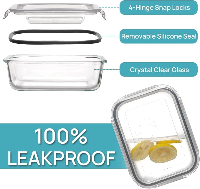 Vtopmart 5Pack 22oz Glass Storage Containers with Lids, Grey | Glass Meal Prep Food Container Sets, Snap Airtight Lid, For Microwave, Oven, Freezer and Dishwasher, BPA Free