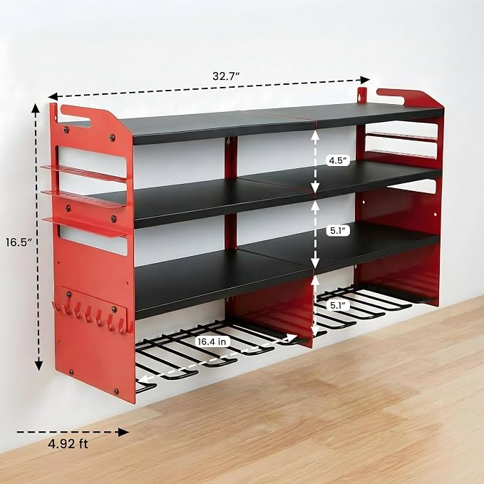 Power Tool Organizer Wall Mount, Standard Edition, RED | Heavy Duty 600 Lbs Metal Tool Storage Rack, 4-Tier Garage Drill Holder & Workshop Battery Management Station