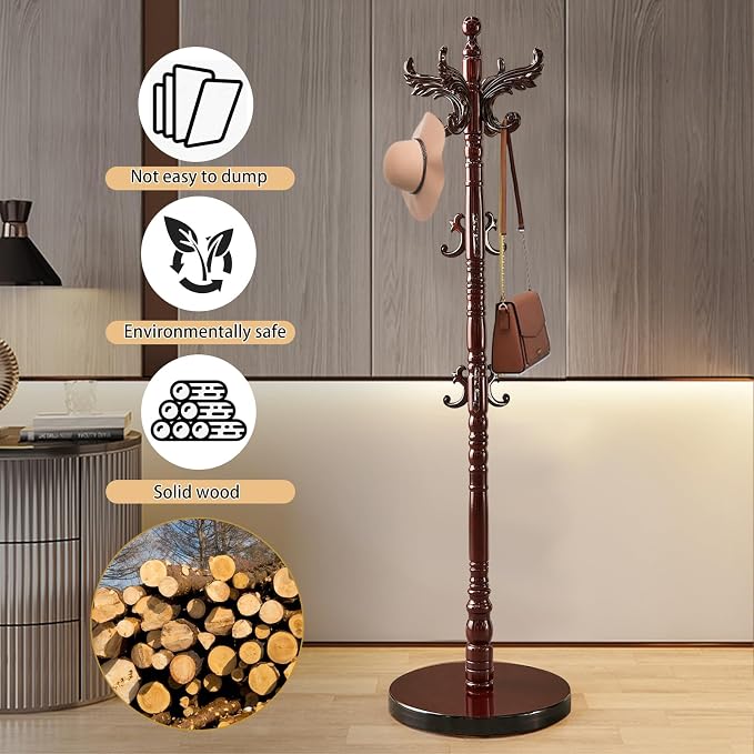 Wood Coat Rack Stand Vintage Coat Rack Freestanding with 14 Hooks | Solid Wood Coat Rack with Round Base,Wooden Coat Hanger Stand,Classic Coat Clothes Tree Stand for Office,Bebroom