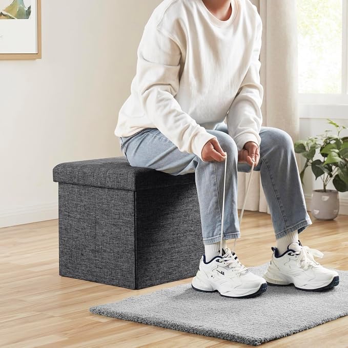Ornavo Home 15 Inch Folding Storage Ottoman Cube, Tufted Linen, Dark Gray | Upholstered Cube with Lid; Foot Rest Stool; Ideal for Bedroom, Living Room or Entryway