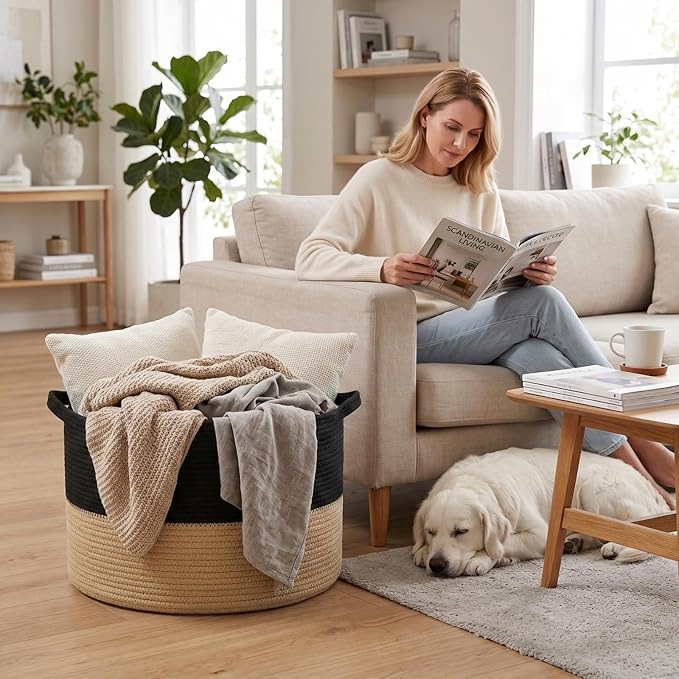 90L Extra Large Blanket Basket,Woven Laundry Basket-Black&Camel | Collapsible, reinforced handles, nursery storage bin organizes clothes, toys and pillows for living room, bedroom bathroom
