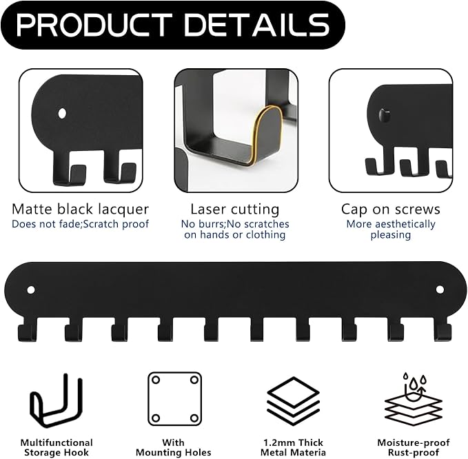 1 Pack Key Holder for Wall,Key Hooks with 10 Hooks, Black | Key Holder Wall Mount Self Adhesive Key Rack for Wall No Drill for Living Room, Kitchen, Bathroom, Garage