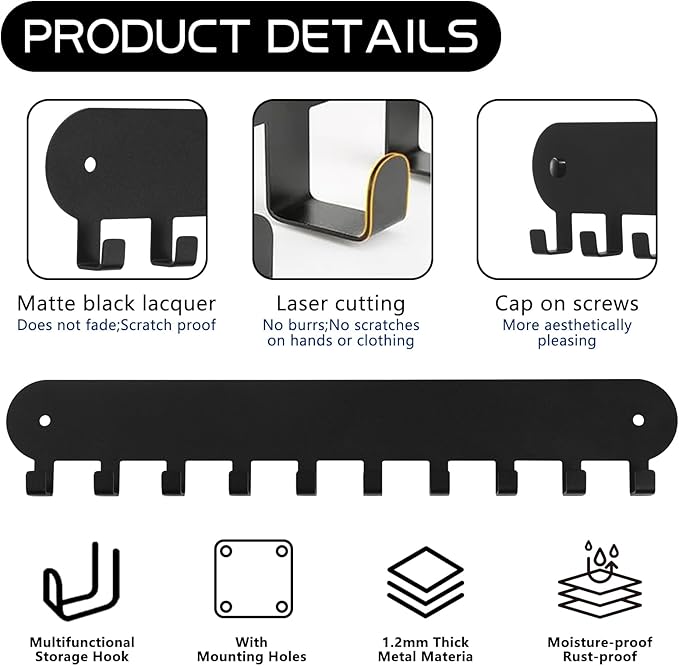2 Pack Key Holder for Wall, Key Hooks with 10 Hooks, Black | Key Holder Wall Mount Self Adhesive, Key Rack for Wall No Drill for Living Room, Kitchen, Bathroom, Garage