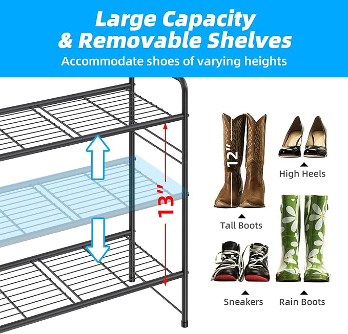 3 Tier Shoe Rack for Closet, 44 Inch Extra Long Shoe Storage Organizer for Shelves, Heavy Duty Metal, Easy Assembly, Black
