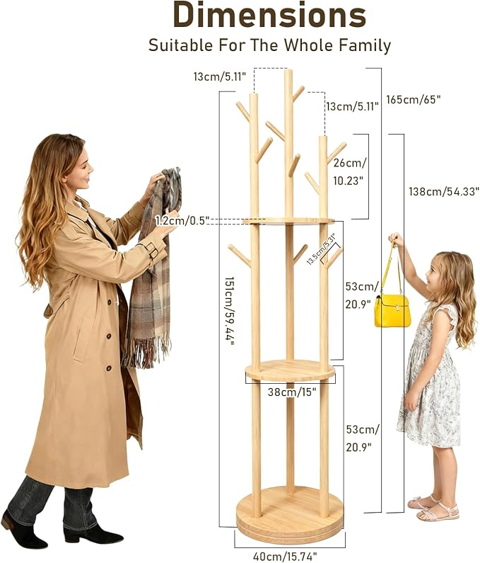 YYW 360° Wood Coat Rack Stand With Hooks And Shelves Standing Organizer | Free Standing Rotating Organizer, Includes 9 Hooks And 3 Shelves, Perfect For Bedroom, Hallway, Small Space