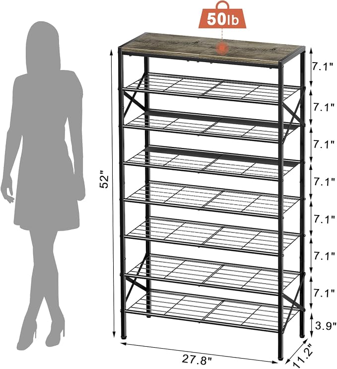8 Tier Metal Shoe Rack with Wood Top, 24-32 Pairs Gray | 52in tall maximizes vertical space. 2 iron sheets for heels. Remove a layer for tall boots. Versatile for home.