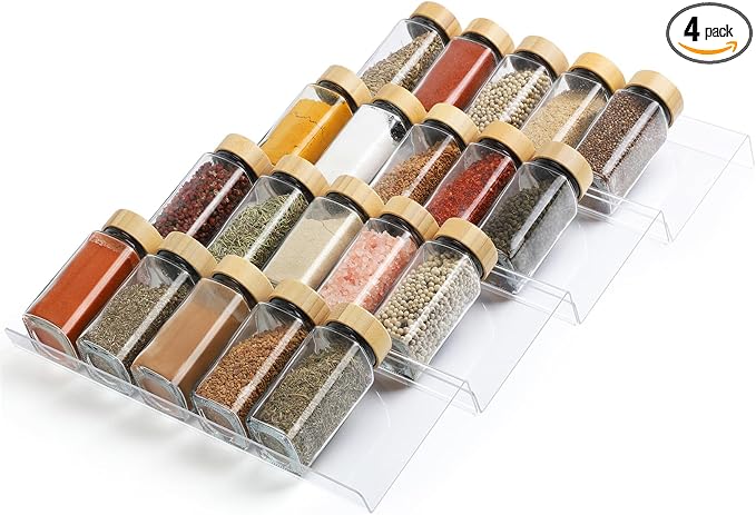 Spice Drawer Organizer 4 Tier, Acrylic Seasoning Organizer Rack, Small | Clear Spice Rack Tray, Kitchen Seasoning Jars Drawers Insert (Jars Not Included/ Expandable From 9" to 18")