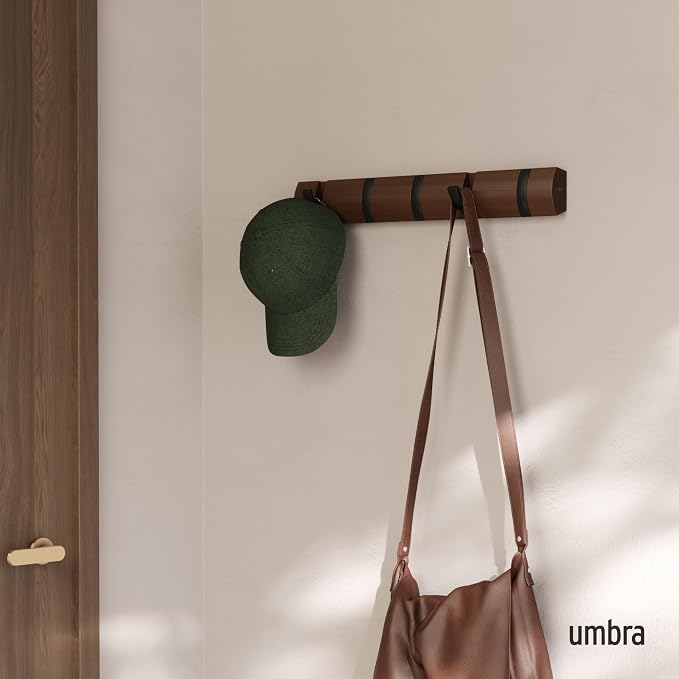 Umbra Flip Coat Rack, Wall Mounted 5-Hook Space Saving, Walnut/Black | Real wood and steel build, retractable hooks fold flat, holds coats bags and scarves, easy install