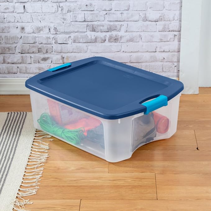 Sterilite 12 Gal Latch and Carry, Stackable Storage Bin with Latching Lid, Plastic Container to Organize Closets, Clear with Blue Lid, 6-Pack | Stackable Tote Containers with Handles and Latching Lids for Bed, Garage, Office, Kitchen, Closet & Classroom