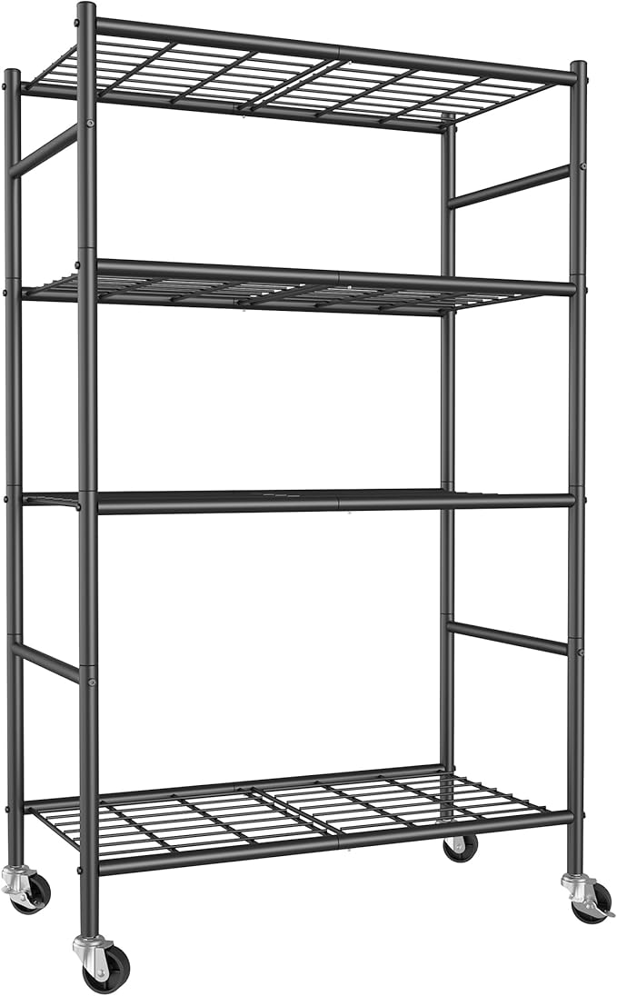Sakugi 4-Tier Storage Shelves 33.1" x12.6" x58.9" Black with Wheels | Kitchen, Closet, Pantry, Garage, Heavy Duty, Adjustable Feet, Metal Construction