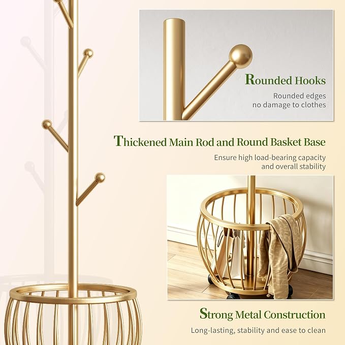 Coat Rack Freestanding Coat Stand with Basket 6 Hooks Wheels,Gold | Metal Coat Rack Stand Coat Tree for Home Entryway Bedroom Living Room Office Corner Modern Organizer for Scarf Jacket Hat Bag