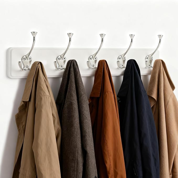 IBosins 2 Pack White Coat Rack Wall Mount, 17" Long with 5 Tri-Hooks | Wall Mounted Heavy Duty Metal Coat Hook Rail for Entryway, Closet, Bathroom, Coat, Jacket, Scarf, Towel, Hat