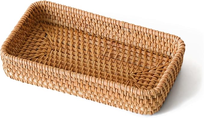 Small Rattan Serving Tray, Natural Wicker Decorative Tray (8.2" × 4.3") | Handwoven Tray for Trinket Ring Cosmetic, Rectangle Keys Basket Jewelry Perfume Trays for Coffee Table Entryway Living Room
