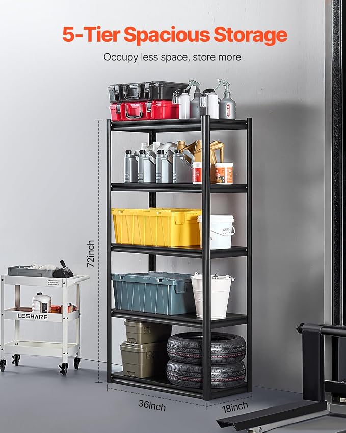 VEVOR Storage Shelves, 2000 lbs, 5 Tier Garage Storage Shelving, 18" D x 36" W x 72" H Adjustable Metal Shelves for Garage Shelves Utility Rack Shelf, Ideal for Kitchen, Warehouse, Basement, Black