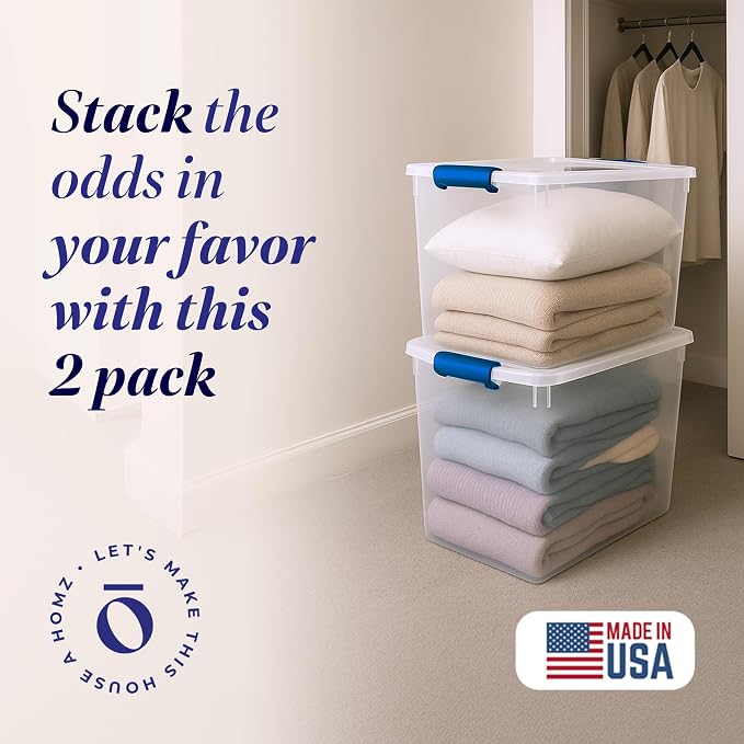 HOMZ 112 Quart Secure Seal Latch Clear Plastic Bin | Stackable & Nestable | Easy Grip Latching Handles | Home, Office, Dorm Room Organization | Blue Handles, 2 Pack