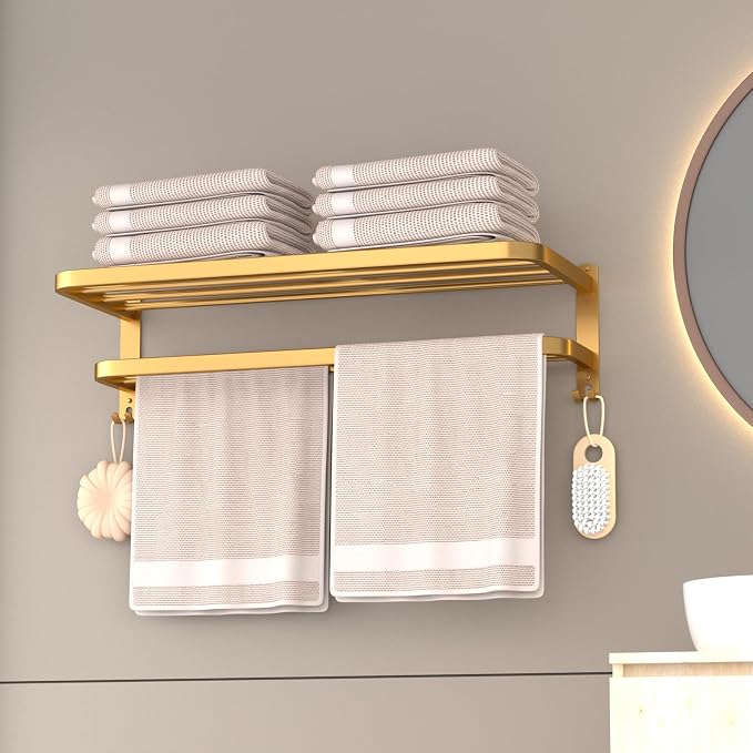23 Inch Gold Bathroom Towel Rack Towel Shelf with Double Towel Bars Lavatory Wall Mount Holder with Hooks Golden Stainless Steel Hotel Bath Rack