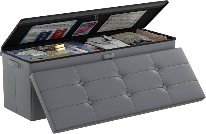 DocSafe Storage Ottoman Bench, Fireproof＆Waterproof Folding Bench with Lock(15”x 43”x15”), Leather Storage Chest with Handles＆2 Extra Boxes, Ottoman Safe for Bedroom,Living Room,Home Office, Gray