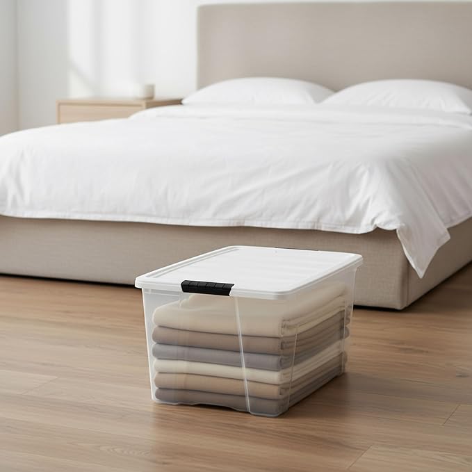 IRIS USA 72 Qt Storage Bins with Lids, 4 Pack, BPA-Free, Clear/White | Great for storing clothing, blankets, moving supplies, garage gear, and seasonal household items.