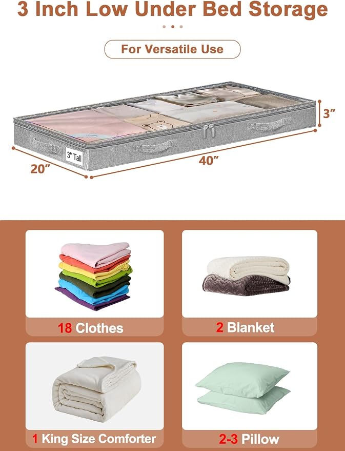 punemi Low-Profile Under Bed Storage Containers, 20 x 40 x 3 in, 4 Pack | No Rigid Structure, Soft Cloth Construction, Foldable, Zippered, for Blanket Storage, Under Crib, Couch, Sofa & Dorm Bed