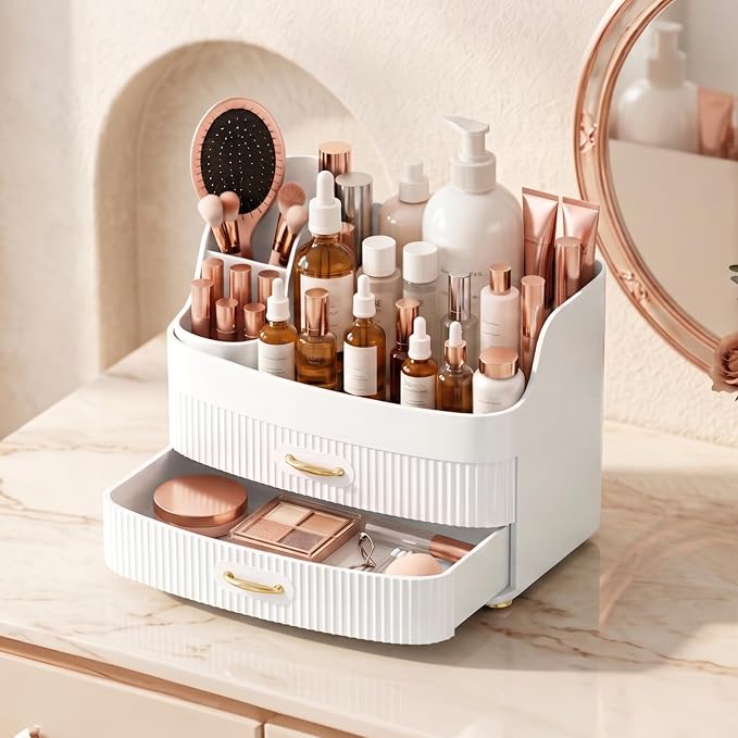 Makeup Organizer for Countertop Vanity Skincare Storage for Perfume Lipstick Bathroom Dresser Desk with Drawers And Brush Holder (White)