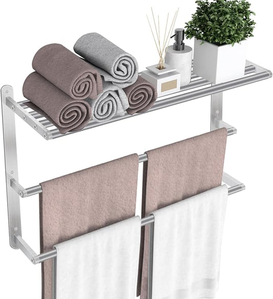 24 inch Towel Racks for Bathroom, VOTZAAQ Towel Shelf with Double Towel Bar, Stainless Steel Towel Storage for Lavatory Wall Mounted, 3-Tier Towel Hanger Towel Holder, Brushed Nickel