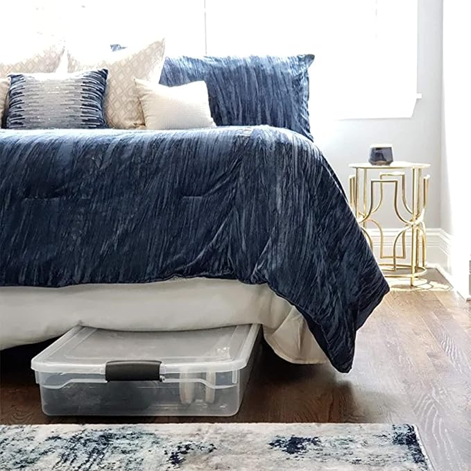 HOMZ 4-Pack Under Bed Storage, Clear Plastic Containers with Lids, 60 Quart, Gray Latch - Stackable Underbed Organizer Bins for Shoes, Bags, Clothes, and Towels