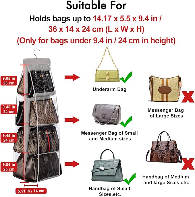 Lirex Handbag Hanging Purse Organizer for Closet, 8 Pocket Handbag Storage Organizer Hanger Oxford Cloth Closet Organizer for Family Closet Bedroom, Foldable and Universal Fit, Dark Brown