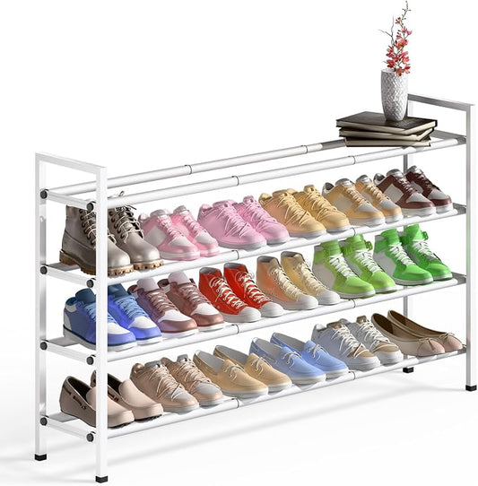 Bumusty 4 Tier Long Expandable Shoe Rack for Closet, White | 18"-44" Adjustable Shoe Rack for Entryway, Shoe Organizer for Dorm, Front Door, Sturdy Metal