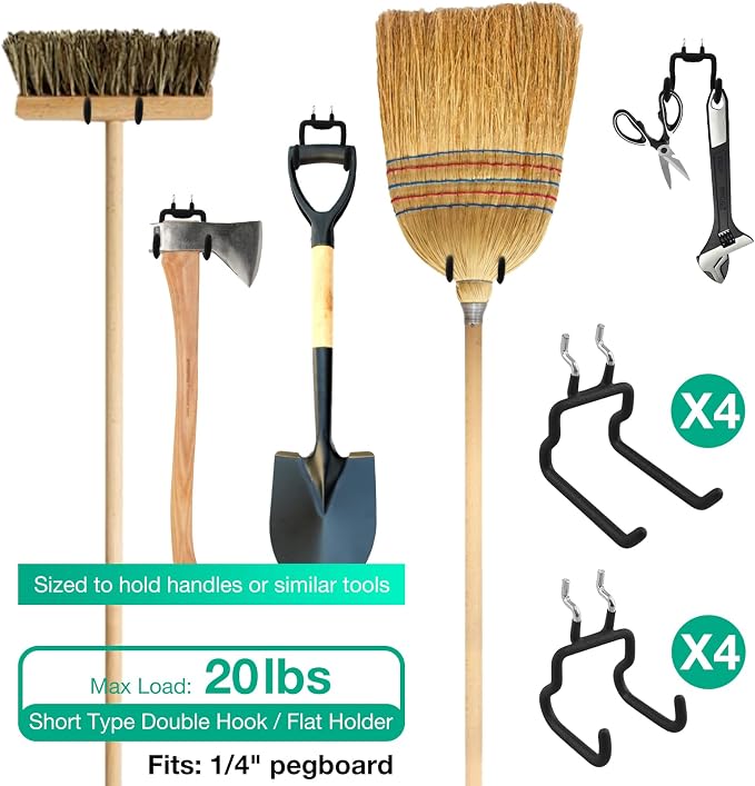 Pegboard Hooks, 8 Pack Peg Board Tool Utility Hooks & Hangers (Black) | 1/4" Pegboard Accessories Organizers, Heavy Duty Peg Board Big Tool Hooks, Shelving Hangers for Craft Garage Workbench Office