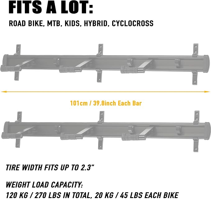 CyclingDeal Bike Wall Mount Rack - Adjustable Indoor Outdoor Storage Vertical Cycling Hook Hanger Organiser - Safe & Secure for Storing MTB Road Bicycles in Garage or Home - Upgraded 6 Bikes